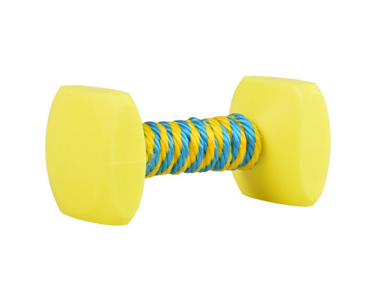 DUVO+ Spielknochen Hundespielzeug Hantel mit Seil blau/gelb, Maße: 14 x 7 cm von DUVO+
