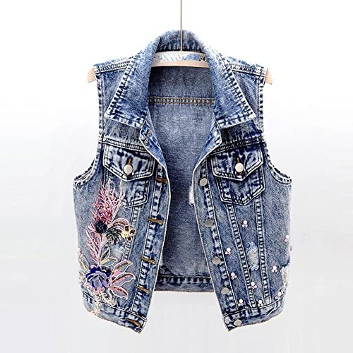 DVRFEBT Ärmellose Jeansweste Für Damen - Flower Pailletten Perlen Plus Size Short Denim Jacke, Mit Tasche Einreihige Casual Gilet Frühling Sommer, Streetwear Weibliche Alltagskleidung, Blau, Xl von DVRFEBT