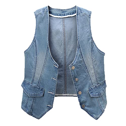 DVRFEBT Ärmellose Jeansweste Für Damen - V-Ausschnitt Slim Thin Short Women Weste, Einreihige Ärmellose Jacke Weiblich,Schlanke Weste Blaue Jeansweste,Frühling Sommer Denim Weste Damen,Blau,M von DVRFEBT