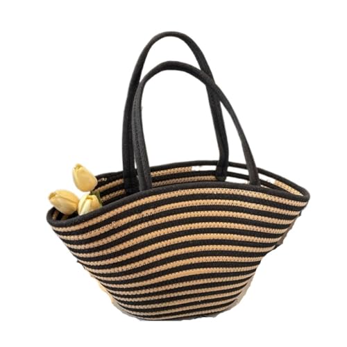 Gras-gewebte Tasche Gestreifte Schultertasche Aus Baumwolle In Kontrastfarbe, Gewebte Strandtasche Im Retro-Stil for Damen, Trendige Einkaufstasche Strandtasche Geflochten(Zwart) von DWZXL