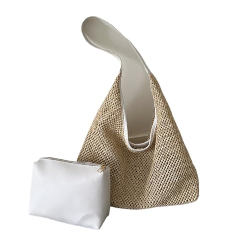 Gras-gewebte Tasche Lässige Strand Sommer Beliebte Gewebte Mutter-und-Kind-Tasche Single-Shoulder Beach Stroh Tasche Strandtasche Geflochten(Wit) von DWZXL