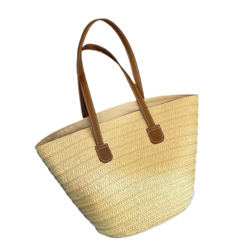 Gras-gewebte Tasche Strohtasche 2024 Neue Urlaubsstrand-Strohtasche Gewebter Gemüsekorb Pendel-Einkaufseimer Strandtasche Geflochten(Beige) von DWZXL