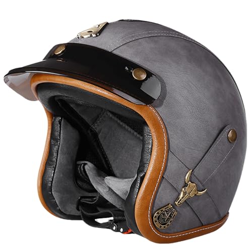 DXDRT Open Face 3/4 Half Face Motorrad Helm Vintage Motorradscooter Helm mit Sonnenblende für Männer Frauen Leder Deutscher Helm für Cruiser Moped DOT/ECE genehmigt,Grau,M 57~60cm von DXDRT