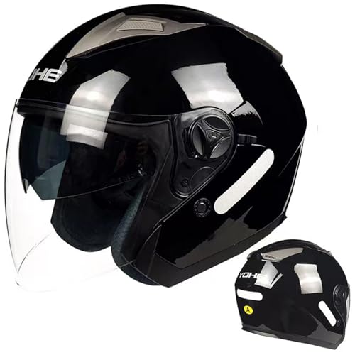 DXDRT Open Face Motorrad Helm, 3/4 Retro Moped Helm Für Frauen Männer, Half Face Vintage Motorradhelme Mit Doppelvisier, DOT/ECE Genehmigt,Bright Black,2XL 60~61cm von DXDRT