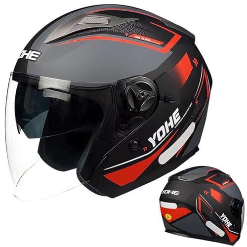 DXDRT Open Face Motorrad Helm, 3/4 Retro Moped Helm Für Frauen Männer, Half Face Vintage Motorradhelme Mit Doppelvisier, DOT/ECE Genehmigt,Red a,2XL 60~61cm von DXDRT