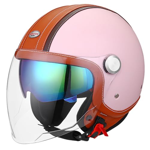 DXDRT Open Face Motorrad Helm, Dual Visiere Motorradhelme Scooter Vespa Jet Helm Für Männer Frauen Vintage Leder Elektro Bike & Road Bike Legal DOT/ECE Genehmigt,Pink b,L 60~62cm von DXDRT