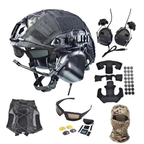 Taktisches Airsoft-Helm-Set mit Geräuschreduzierung, Headset, Helmüberzug, Brille, Outdoor-Helm-Ausrüstung (BK) von DYCZMALQ