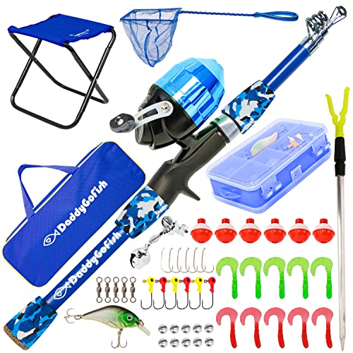 DaddyGoFish Kinder Angelset - Teleskoprute & Rolle Combo mit Klappstuhl, Rutenhalter, Tackle Box, Ködernetz und Tragetasche für Jungen und Mädchen - Blau, 4ft von DaddyGoFish