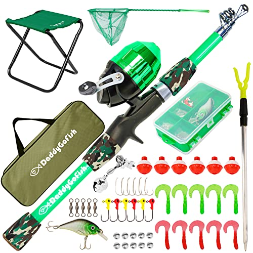 DaddyGoFish Kinder Angelset - Teleskoprute & Rolle Combo mit Klappstuhl, Rutenhalter, Tackle Box, Ködernetz und Tragetasche für Jungen und Mädchen - Grün, 4ft von DaddyGoFish