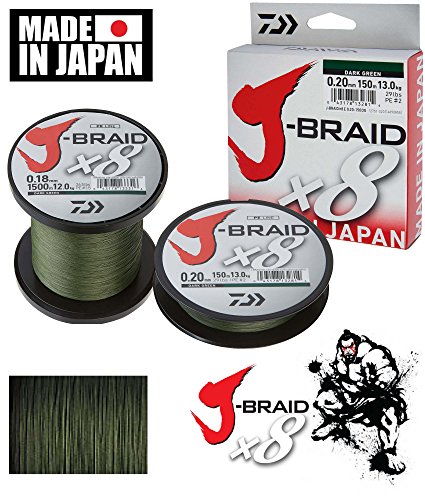 Daiwa J-Braid 8 Braid 0.20mm, 13.0kg / 29.0lbs, 1500m dunkelgrün, rund geflochtene Angelschnur Daiwa J-Braid 8 Braid 0.20mm, 13.0kg / 29.0lbs, 1500m dunkelgrün, rund geflochtene Angelschnur von Daiwa