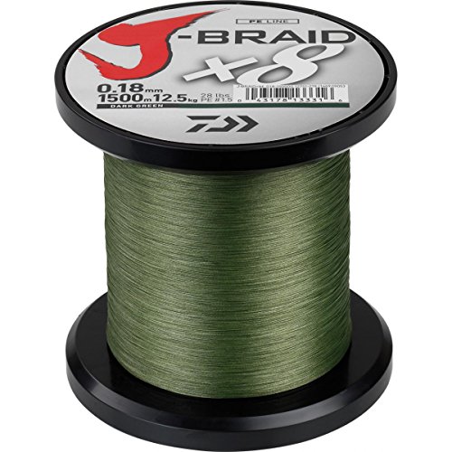 Daiwa J-Braid 8 Braid 0.35mm, 36.0kg / 79.0lbs, 1500m dunkelgrün, rund geflochtene Angelschnur von Daiwa