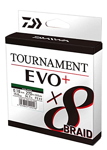 Daiwa Tournament x8 Braid EVO+ 0.26mm, 19.8kg/43.7Lbs, 135m Dunkelgrün, Geflochtene Angelschnur, 12760-026 Daiwa Tournament x8 Braid EVO+ 0.26mm, 19.8kg/43.7Lbs, 135m Dunkelgrün, Geflochtene Angelschnur, 12760-026 von Daiwa