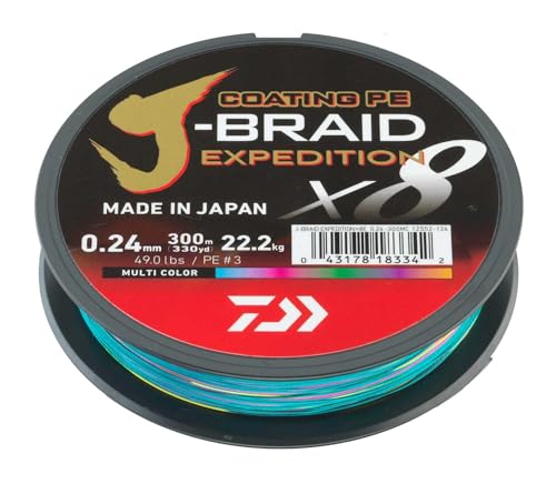 Daiwa Tresse 8 Brins J-Braid Expedition – 300 m – PE.3 – D.0,24 mm – R.22 kg – 49lb – mehrfarbig – 12552124 von Daiwa