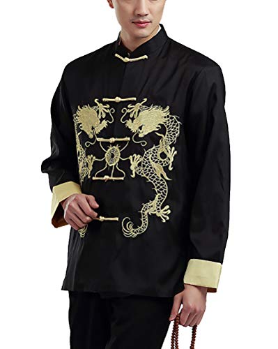 Daoba Herren Tang Anzug, Chinesisch Traditionell Stehkragen Langarm Tai Chi Shirt Kampfkunst Kung Fu Hemd Jacke Tops Doppelte Drachenstickerei von Daoba