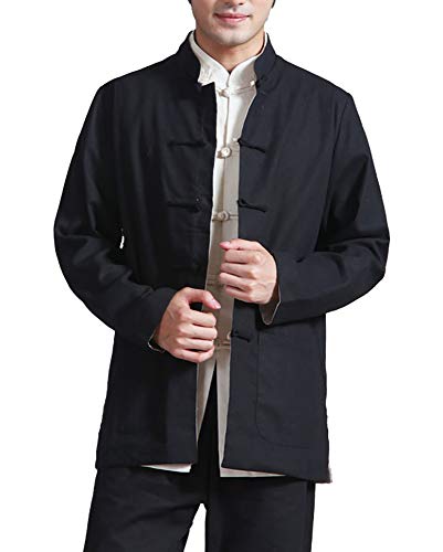 Herren Reversibel Beide Seiten Mantel Jacke Tang-Anzug Chinesisch Traditionell Lange Ärmel Kampfkunst Kung FU Hemd Leinen Damen (Schwarz, 5XL) von Daoba