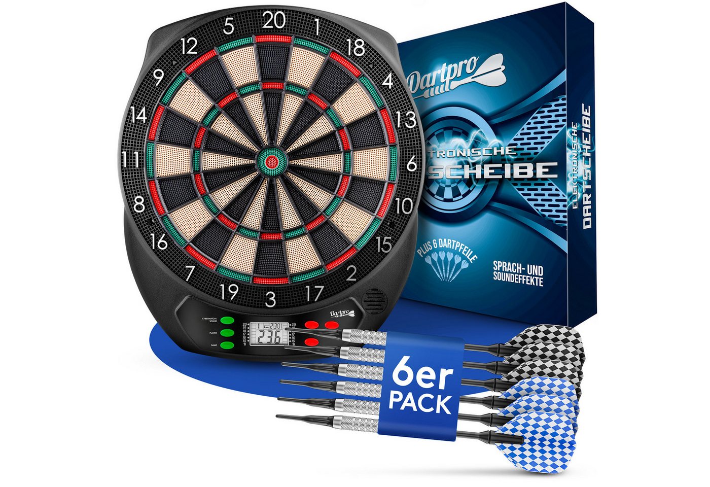 DartPro Dartscheibe elektronisch - 6 Softdarts - Profi Dartboard für bis zu 8 Spieler, 21 Spiele, 65 Varianten - LCD-Display - Batterie- & Netzbetrieb DartPro Dartscheibe elektronisch - 6 Softdarts - Profi Dartboard für bis zu 8 Spieler, 21 Spiele, 65 Varianten - LCD-Display - Batterie- & Netzbetrieb von DartPro