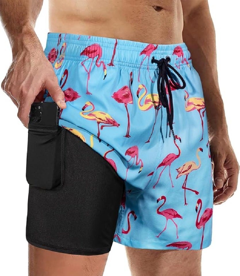 Daskoo Badeshorts Herren Badehose mit Kompressionsfutter, schnell trocknende Boardshorts Trainingsshorts mit verstellbarem Taillenkordelzug und Taschen von Daskoo