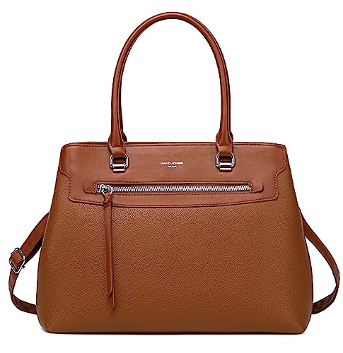 David Jones - Damen Handtasche Elegante - Frau Henkeltasche PU Leder - Schultertasche Tote Shopper Tasche Mehrere Fächer Viele Taschen - Umhängetasche Alltags Mode Klassisch Stadt Arbeit Cognac Braun von David Jones