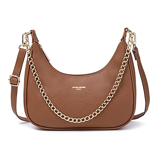 David Jones - Damen Kleine Umhängetasche - Frau Kette Schultertasche PU Leder - Handtasche Kettenhenkel Crossbody Bag - Trendy Tasche Mode Abendtasche Kettentasche Pochette Clutch Party - Braun Cognac von David Jones