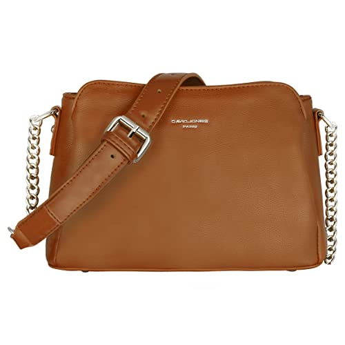 David Jones - Damen Kleine Umhängetasche - Frau Schultertasche PU Leder - Kette Handtasche Crossbody Bag Viele Fächern Taschen - Abendtasche Handy Clutch Pochette Elegante Kettentasche - Braun Cognac von David Jones