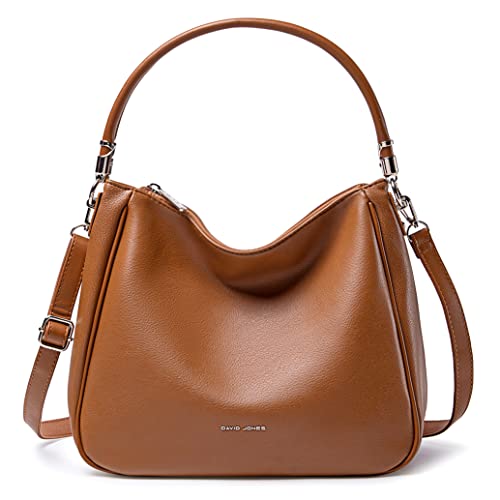 David Jones - Damen Schultertasche Hobo - Frau Umhängetasche PU Leder - Handtasche Top Griff Lange Henkel - Tasche Beuteltasche Mittelgroße - Shopper Einfache Klassische Leichte Elegante Braun Cognac von David Jones