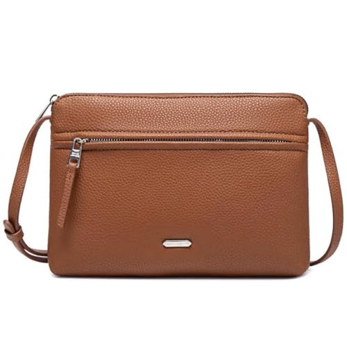 David Jones - Umhängetasche für Damen – flache Tasche, kleine Handtasche, Schultertasche, PU-Leder, klassisch, elegant – 2 Fächer – Telefontasche Shopping Reise, Cognac-Braun, one size, Elegant von David Jones