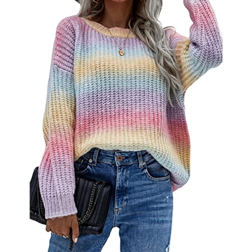 Dbvnnsy Damen Strick Regenbogen -Strickjacke, Strick Regenbogen Pullover Farbblock Block Pullover gestrickt oberen Schaufel Hals Langarmpullover von Dbvnnsy