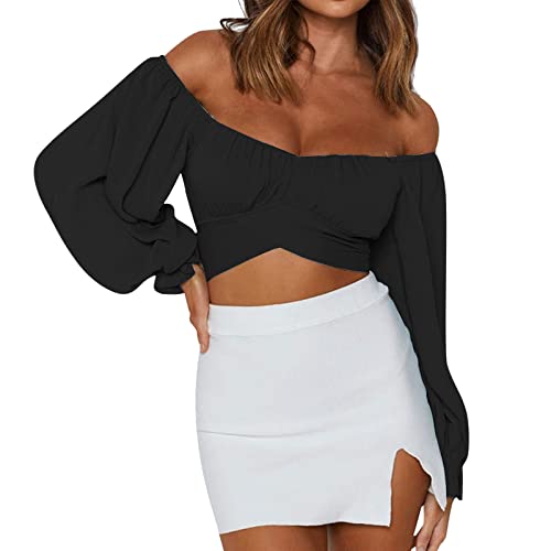 Crop Tops Damen Puffärmel - Bluse Elegant T Shirt Damen Sexy Quadratischer Ausschnitt Korsett Tunika Top Cropped Pullover Festliche Party Oberteil Blusen & Tuniken für Damen Teenager Mädchen von DeaAmyGline