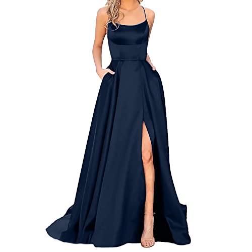 Damen Abendkleid Lang mit Schlitz - Satin Ballkleid Elegant Neckholder Kleider mit Taschen A-Linien Rückenfreies Spaghetti Sexy Abendkleider Lange Hochzeitskleid Brautjungfernkleider Party Kleid Damen Abendkleid Lang mit Schlitz - Satin Ballkleid Elegant Neckholder Kleider mit Taschen A-Linien Rückenfreies Spaghetti Sexy Abendkleider Lange Hochzeitskleid Brautjungfernkleider Party Kleid von DeaAmyGline