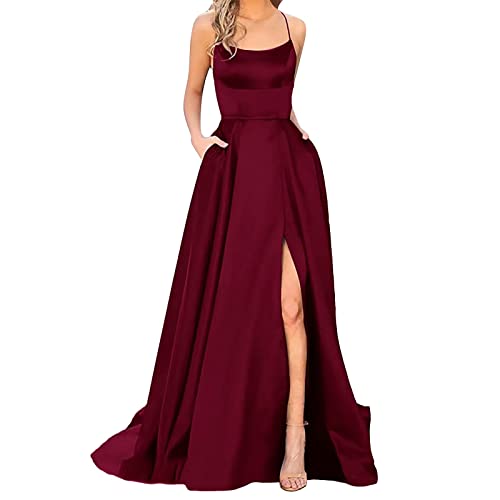 Damen Abendkleid Lang mit Schlitz Satin Ballkleid Elegant Neckholder Kleider mit Taschen Rückenfreies Spaghetti Sexy Abendkleider Lange Hochzeitskleid Brautjungfernkleider Party Kleid für Frauen von DeaAmyGline