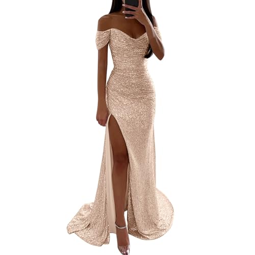 DeaAmyGline Damen Abendkleid Lang Glitzer Kleid Schulterfrei Pailettenkleider Bodycon Kleid mit Schlitz Etuikleid Abiballkleider Elegant Hochzeit Gast Partykleid Ballkleid Glitzerkleid Fauen von DeaAmyGline