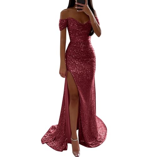 DeaAmyGline Damen Abendkleid Lang Glitzer Kleid Schulterfrei Pailettenkleider Bodycon Kleid mit Schlitz Etuikleid Abiballkleider Elegant Hochzeit Gast Partykleid Ballkleid Glitzerkleid Fauen von DeaAmyGline