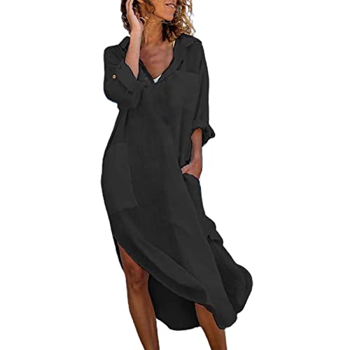 DeaAmyGline Damen Leinenkleid Sommer Hemdkleid Lang Sommerkleid Leicht und Luftig mit Taschen Einfarbig Knopfleiste Lange Hemdblusenkleid Kaftan Baggy Cover Up Strandkleid Blusenkleid Frauen DeaAmyGline Damen Leinenkleid Sommer Hemdkleid Lang Sommerkleid Leicht und Luftig mit Taschen Einfarbig Knopfleiste Lange Hemdblusenkleid Kaftan Baggy Cover Up Strandkleid Blusenkleid Frauen von DeaAmyGline