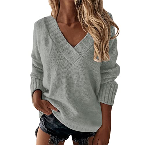 DeaAmyGline Damen Pullover V Ausschnitt Strickpullover Elegant Einfarbig Pulli Strick Shirt Langarm Sweater Herbst Winter Oberteile Langarmshirt Bluse Tops Strickpulli Frauen Teenager Mädchen von DeaAmyGline