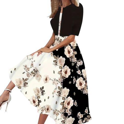 DeaAmyGline Damen Sommerkleid Knielang Kleider Festlich Elegant Abendkleid Midi Brautmutterkleider mit Jacke Blumen Drucken Brautmutter Kleid Hochzeitsgast Abend Fauen Kleider Partykleid von DeaAmyGline