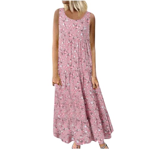 DeaAmyGline Damen Sommerkleid Lang Maxikleid Blumenkleid Strandkleid Sommer Boho Kleid Vintage Blumen Ärmelloses Tank Lange Kleider Elegant Große Größen Rundhals Fauen Partykleid Freizeitkleid von DeaAmyGline