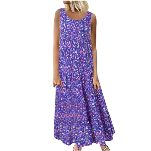 DeaAmyGline Damen Sommerkleid Lang Maxikleid Blumenkleid Strandkleid Sommer Boho Kleid Vintage Blumen Ärmelloses Tank Lange Kleider Elegant Große Größen Rundhals Fauen Partykleid Freizeitkleid von DeaAmyGline