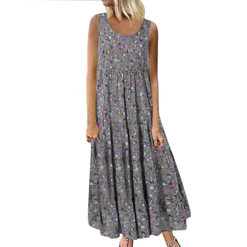 DeaAmyGline Damen Sommerkleid Lang Maxikleid Blumenkleid Strandkleid Sommer Boho Kleid Vintage Blumen Ärmelloses Tank Lange Kleider Elegant Große Größen Rundhals Fauen Partykleid Freizeitkleid von DeaAmyGline