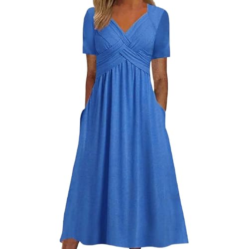 DeaAmyGline Damen Sommerkleid Lang Maxikleid V-Ausschnitt Tunika Kleid Sommer Strandkleid Elegant Kurzarm Lange Kleider mit Taschen Plissee Einfarbig Freizeitkleid Blusenkleid Midikleid Fauen von DeaAmyGline