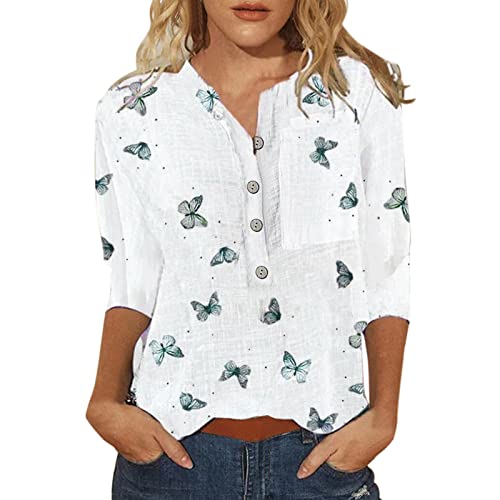 DeaAmyGline Damen T Shirt 3/4 arm Sommer Bluse Knopfleiste Oberteile mit Aufdruck V Ausschnitt Kurzarm Hemd Vintage Blusenshirt Tunika Tops Stilvolle Modern Lässige Arbeits Blusen Tuniken für Frauen von DeaAmyGline