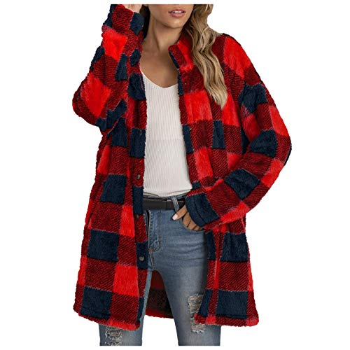 DeaAmyGline Fleecejacke Damen Lang Karierte Winter Jacke Mantel Parka Cardigan Plüschjacke Plüschmantel Wintermantel Winterjacke Fleece Jacken Damenjacken Teddyjacke für Frauen von DeaAmyGline