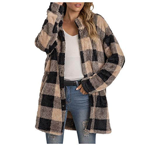 DeaAmyGline Fleecejacke Damen Lang Karierte Winter Jacke Mantel Parka Cardigan Plüschjacke Plüschmantel Wintermantel Winterjacke Fleece Jacken Damenjacken Teddyjacke für Frauen von DeaAmyGline