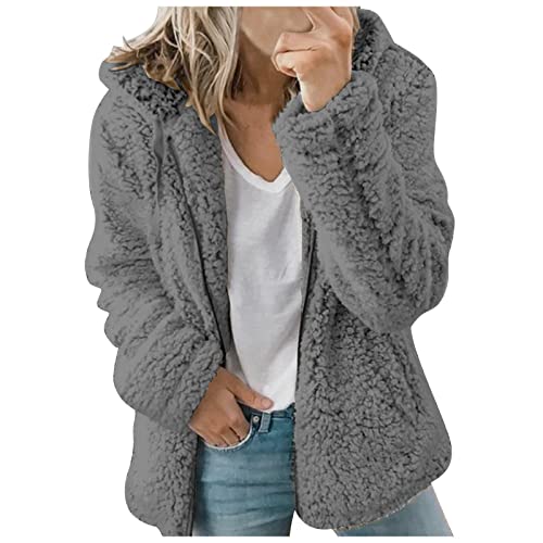 DeaAmyGline Fleecejacke Damen Winter Jacke Mantel mit Kapuze Warme Teddy Plüschjacke Reißverschluss Plüschmantel Winterjacke Kapuzenjacke Wintermantel Kuscheljacke Damenjacken Teddyjacke für Frauen von DeaAmyGline