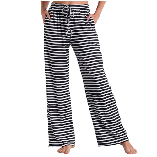 DeaAmyGline Gestreifte Pyjamahose Damen Lang - Schlafhose Damen Baggy Pyjama Hosen mit Taschen und Kordelzug Schwarz Weiss Streifen Weites Bein Loungehose Schlafanzughose Freizeithose Yogahose DeaAmyGline Gestreifte Pyjamahose Damen Lang - Schlafhose Damen Baggy Pyjama Hosen mit Taschen und Kordelzug Schwarz Weiss Streifen Weites Bein Loungehose Schlafanzughose Freizeithose Yogahose von DeaAmyGline