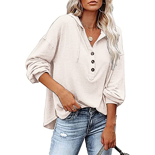 DeaAmyGline Langarmshirt Damen mit Kapuze - Kapuzenpullover V-Ausschnitt Hoodie Pullover Knopfleiste Henley Sweatshirt Kordelzug Oberteile T Shirt Locker Lässig Top Oversized Sweatshirts für Frauen von DeaAmyGline