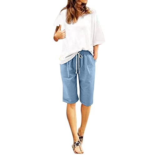 DeaAmyGline Leinen Shorts Damen Sommer - Kurze Hose Damen Knielang Leinenshorts Damen mit Gummizug Taille Taschen Sommershorts Große Größen Hotpants Strandshorts Baumwolle Leinen Damenshorts Frauen von DeaAmyGline