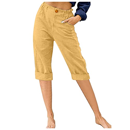 DeaAmyGline Leinenhose Damen Sommer 3/4, Sommerhose Damen Leicht Dreiviertel Hose Caprihose Luftige Freizeithose High Waist Drawstring Stoffhose Casual Baumwolle Leinen Kurze Capri Hosen von DeaAmyGline