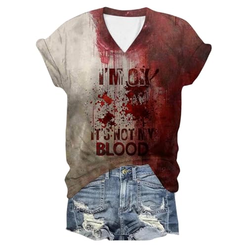 DeaAmyGline Problem Gelöst Shirt Damen Halloween T Shirt V Ausschnitt Kurzarm Blutiges T-Shirt Gruselig Vernarbtes Tshirt mit Rote Blutspritzern Drucken Lustige Oberteil Horror T-Shirts von DeaAmyGline