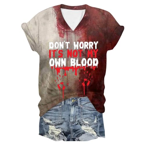 DeaAmyGline Problem Gelöst Shirt Damen Halloween T Shirt V Ausschnitt Kurzarm Blutiges T-Shirt Gruselig Vernarbtes Tshirt mit Rote Blutspritzern Drucken Lustige Oberteil Horror T-Shirts von DeaAmyGline