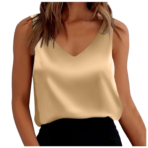 DeaAmyGline Satin Tank Top Damen Sommer Ärmellose Bluse Elegant Seidenbluse Seidentop T Shirt V Ausschnitt Weste Lässig Lockere Sexy Seide Camisole Blusenshirt Tanktops & Träger-Tops Frauen von DeaAmyGline